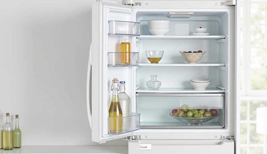 Counter Depth Refrigerator Troubleshooting Guide Open refrigerator showing shelves, beverages, and temperature control for maintenance and troubleshooting
