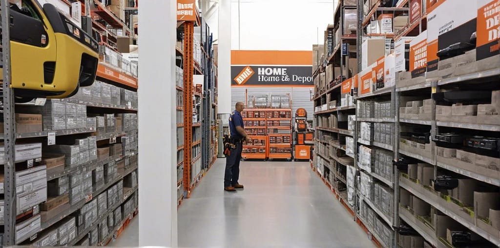 Aisle view inside the Home Depot in San Jose with shelves stocked with tools