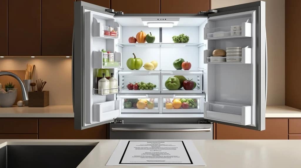 GE refrigerator in modern kitchen with warranty claim form on counter