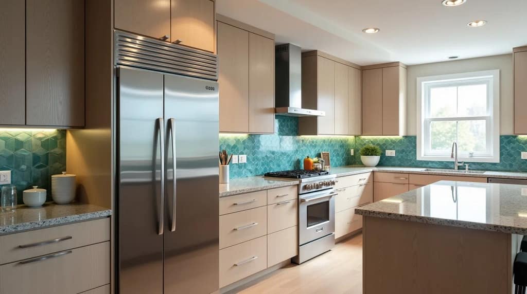 Modern kitchen featuring a Bosch counter depth refrigerator beside cabinetry and island