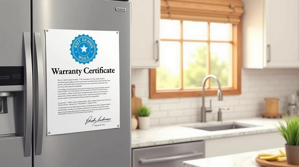 Counter depth refrigerator with visible warranty certificate on kitchen wall
