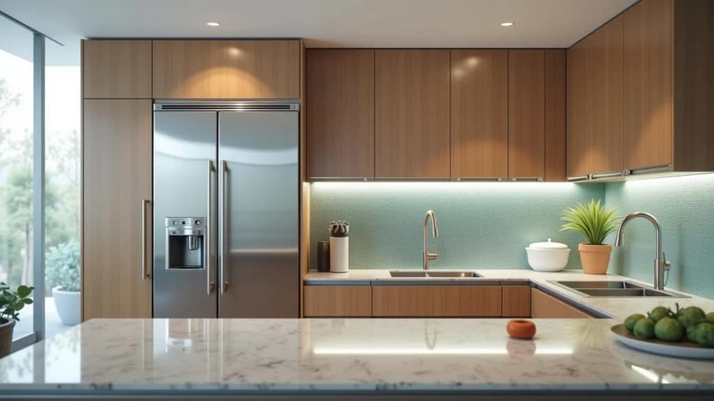 Modern Kitchen with Built-In Cabinet Depth Refrigerator and Wooden Cabinets Stylish modern kitchen featuring a stainless steel cabinet depth refrigerator integrated with wood cabinets and marble countertop