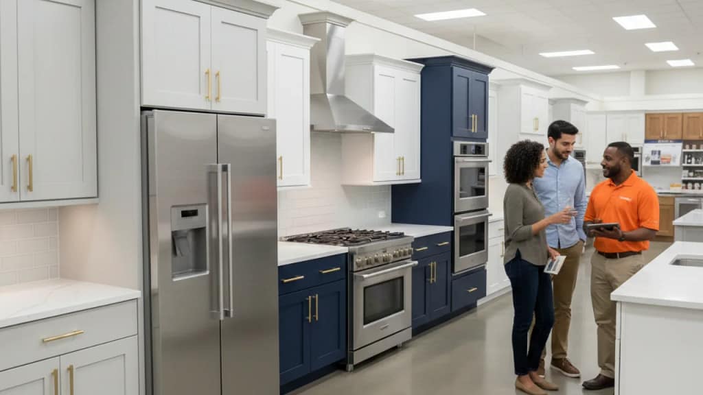 home depot appliances Customers shopping for kitchen appliances at Home Depot showroom