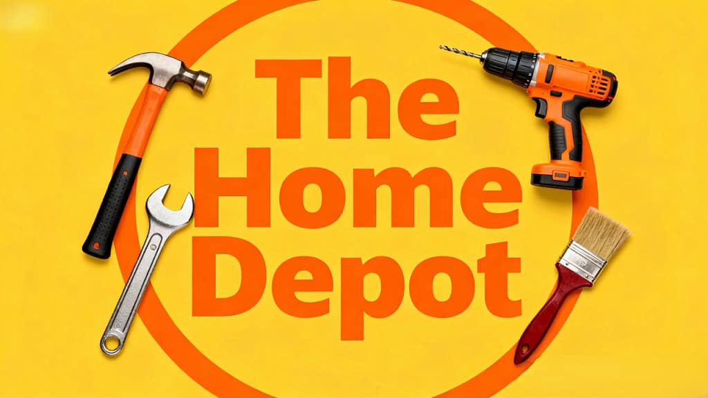 Home Depot appliances return policy concept with tools and branding on a yellow background.