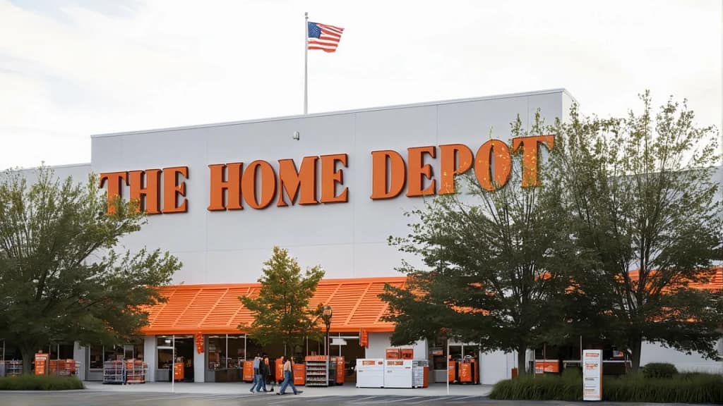 home depot Front view of a Home Depot store with outdoor building materials displayed