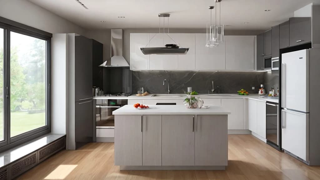 Modern minimalist kitchen featuring an energy-efficient counter depth refrigerator near large windows