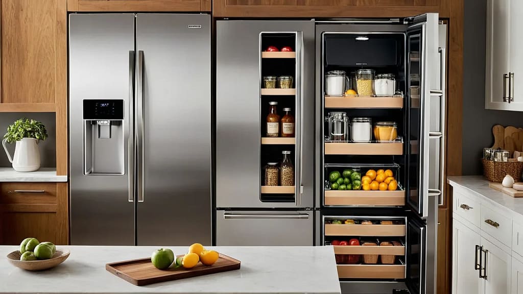 Stainless steel apartment-size counter depth fridge built into small modern kitchen