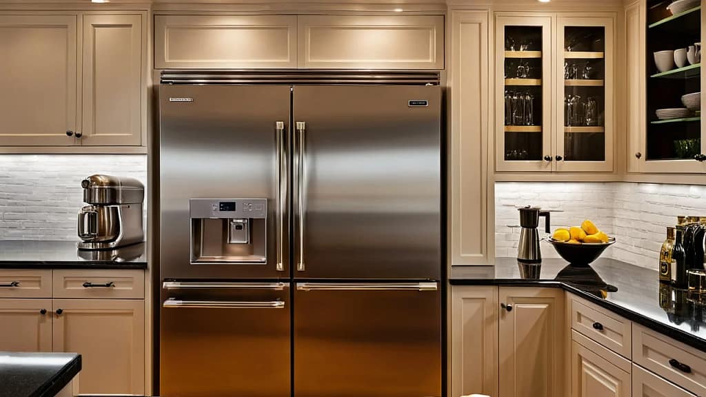 Luxury kitchen interior featuring a counter depth fridge seamlessly integrated with cabinetry