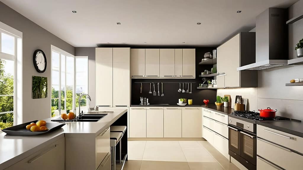 Minimalist modern kitchen interior with newly installed counter depth fridge and light wood cabinets