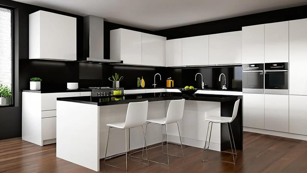 Sleek white modern kitchen with counter depth refrigerator on clearance sale