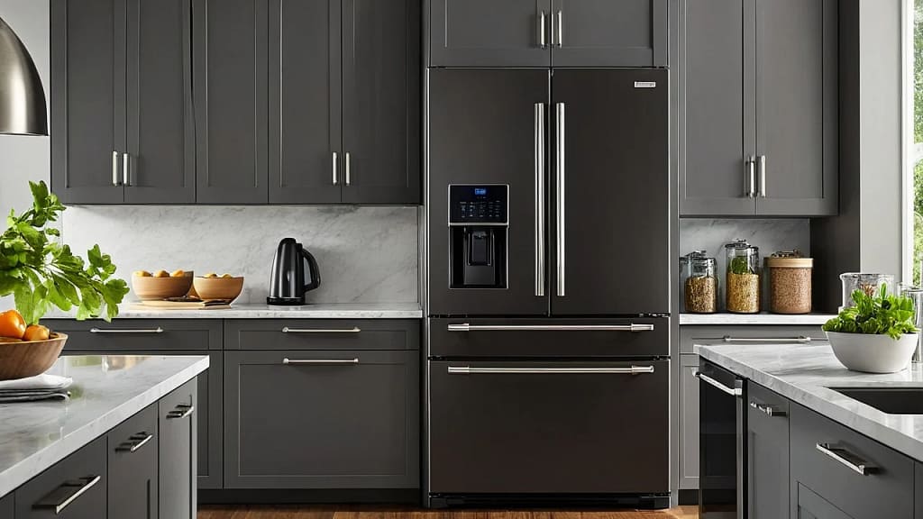 Modern kitchen showing counter depth refrigerator installation process and cabinet alignment