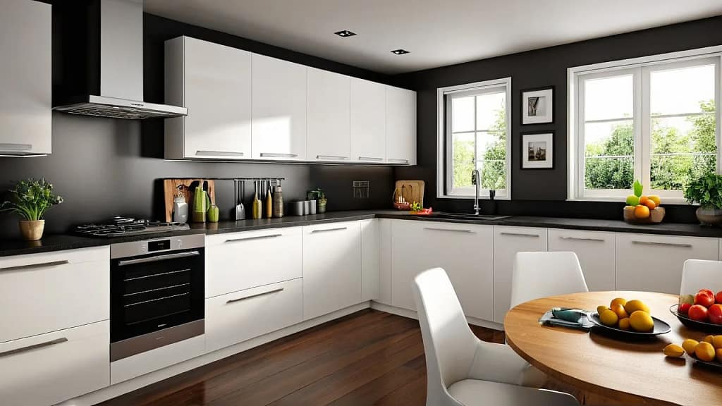 Stylish kitchen with energy-efficient counter depth refrigerator and sleek white cabinetry