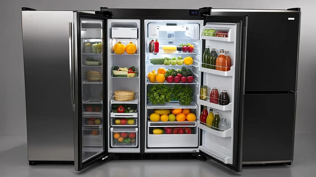 Open refrigerator filled with colorful fresh food showing proper organization for energy saving