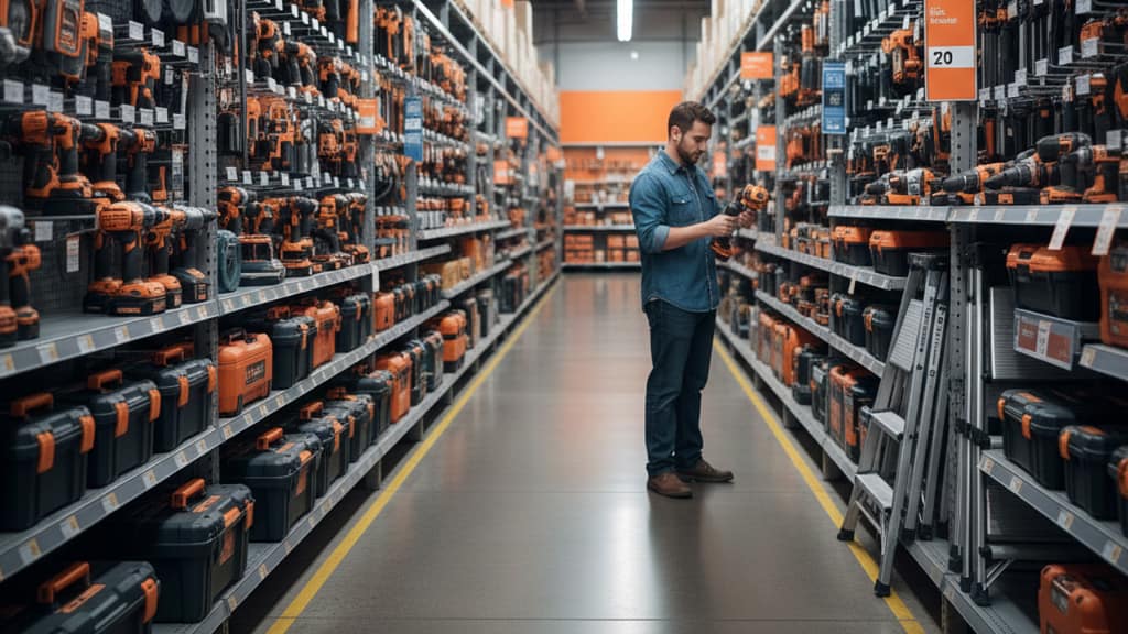 home depot rental return policy Customer checking rental tools in-store representing Home Depot rental return policy.
