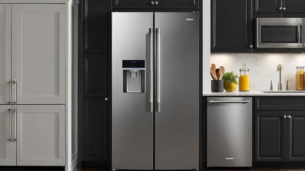 Slim counter depth refrigerator fitted neatly between cabinets in a modern kitchen