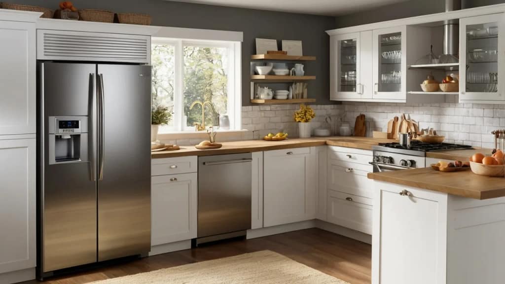 Modern small kitchen featuring a counter depth refrigerator designed for compact kitchens