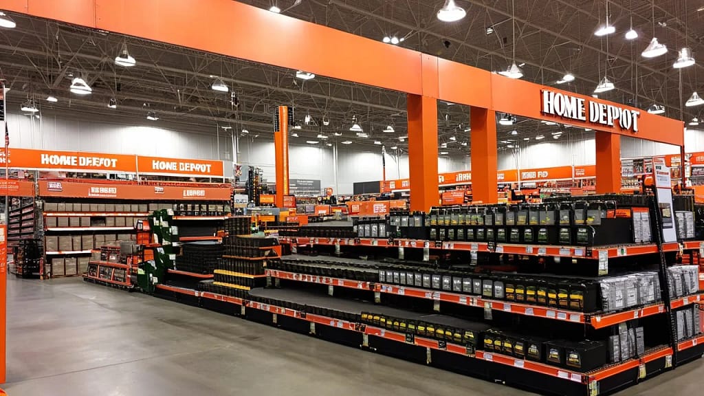Aisles of Home Depot Colma store featuring construction and garden products