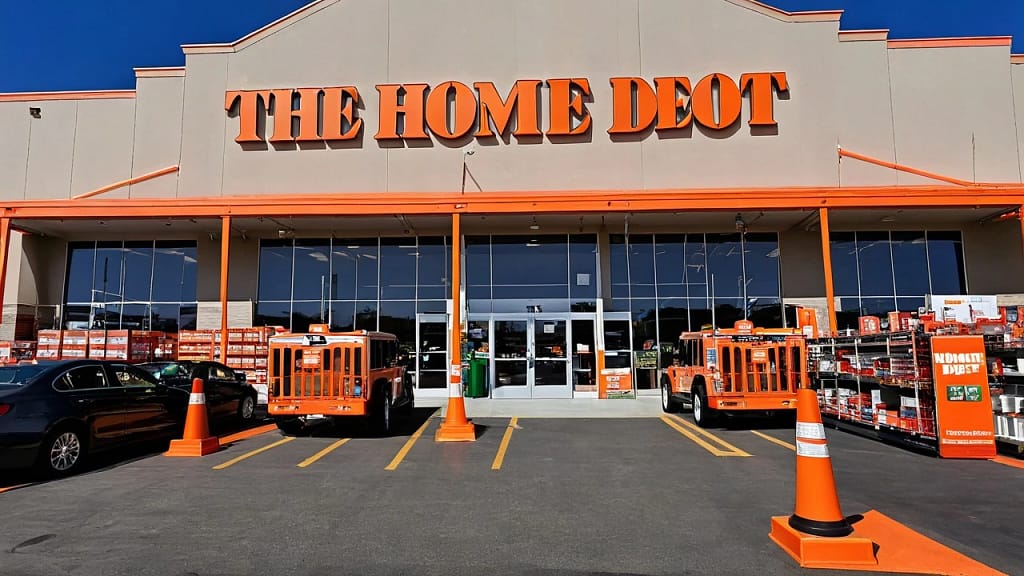 Exterior front entrance of Home Depot near me in Riverside with parking and signage
