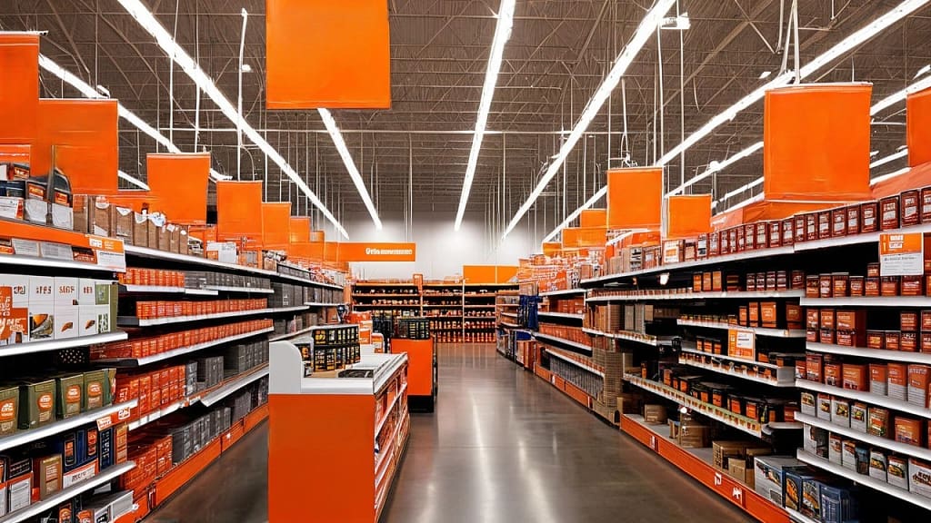 Interior aisle view of a Home Depot in Orange County with organized shelves