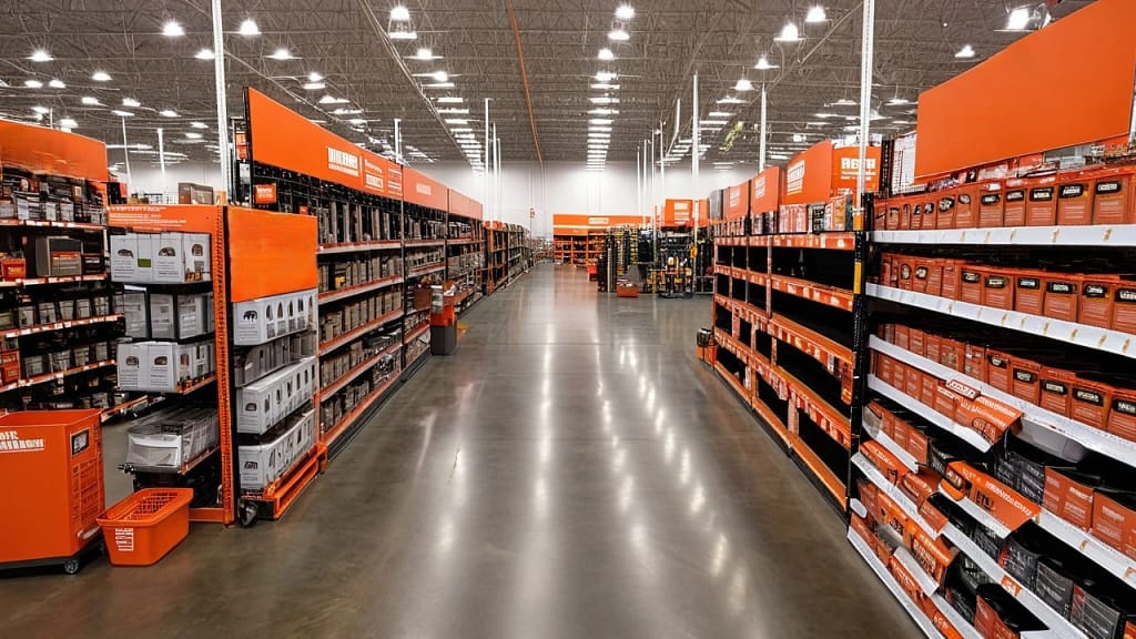 Aisle view inside Home Depot Ridgecrest with tools and hardware shelves