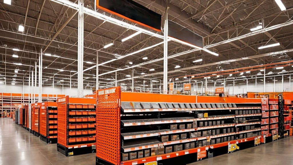 Wide interior view of Home Depot in Brea with stocked products
