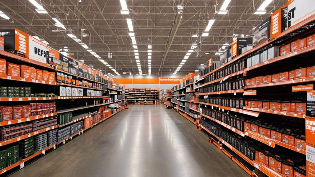 Aisle view inside Home Depot Costa Mesa with home improvement materials