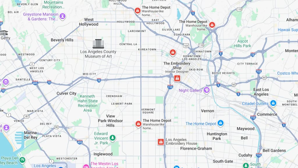 Map showing the location of Home Depot in Hollywood, Los Angeles