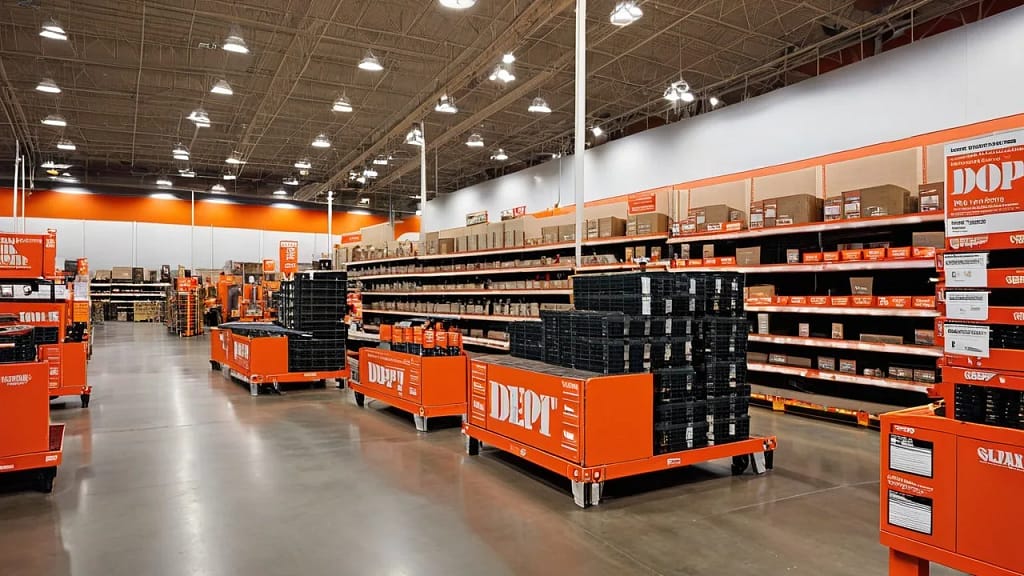 Spacious interior of Home Depot near San Diego Downtown with orange product displays