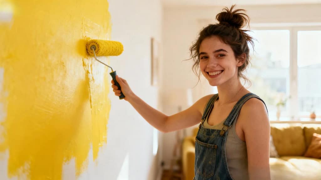 Home Depot near me in Arlington woman painting wall with roller using store paint supplies