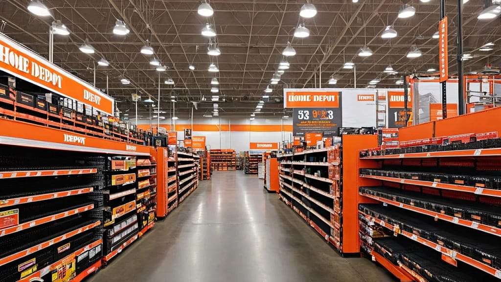 Interior aisle view of Home Depot on Shaw Ave Fresno showing shelves stocked with tools and materials