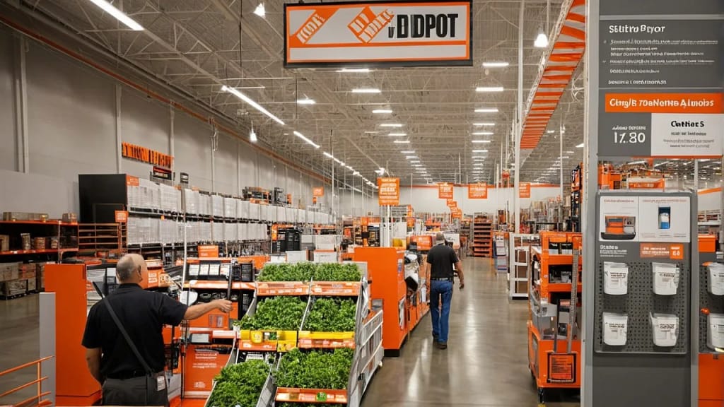 Wide view of Home Depot shopping aisle with customers and products in California