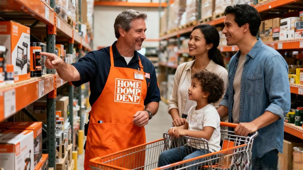 Home Depot near me in Lubbock South Lubbock store scene with family shopping and employee assistance