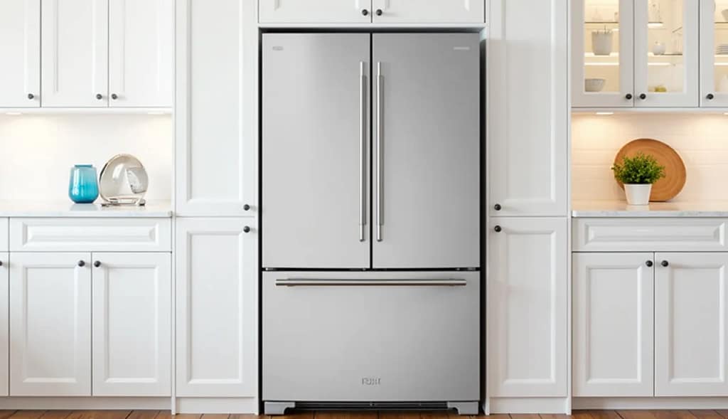 Stainless steel counter depth refrigerator built into white kitchen cabinetry with under-cabinet lighting
