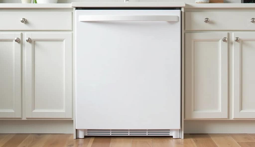 White refrigerator in compact kitchen with minimalistic layout and cabinets