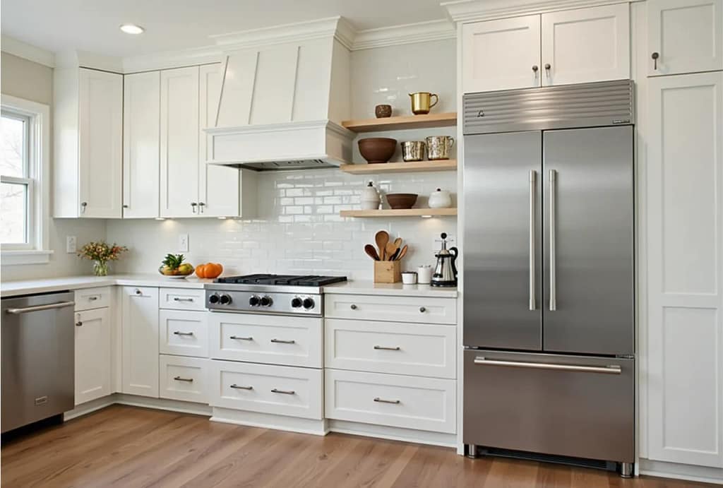 Modern Kitchen with Stainless Steel Counter Depth Refrigerator and White Cabinets Sleek stainless steel counter depth refrigerator in a modern white kitchen with wooden floor and built-in storage cabinets