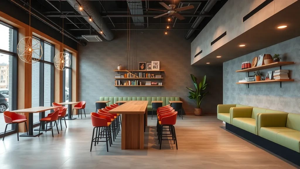 Hidden Ways to Save Money at Home Depot – Modern Cafe Style Lounge with Cozy Seating Hidden Ways to Save Money at Home Depot modern cafe lounge featuring long wooden tables, red chairs, green sofas, indoor plants, wall shelves, and warm lighting.