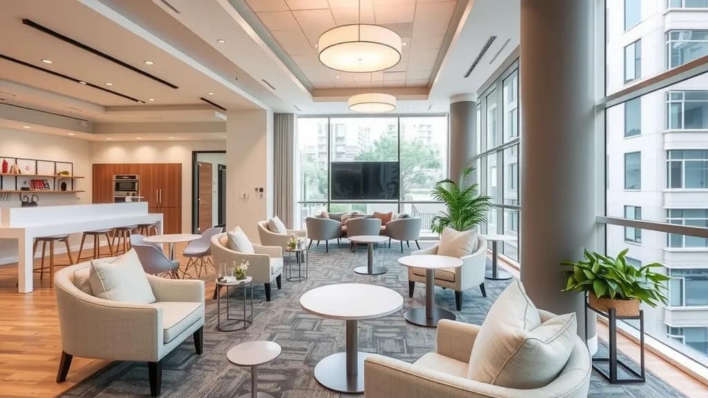 Modern lounge area with cozy chairs, tables, plants, and natural light, symbolizing Home Depot Clearance Sales with big savings on home improvement products.