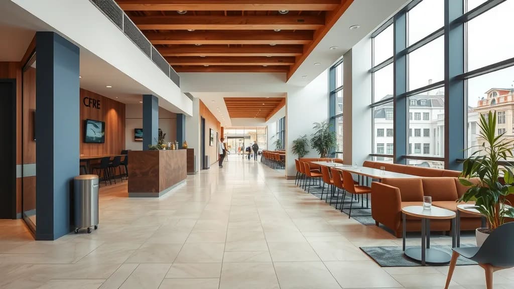 Bright modern lounge area with large windows, cozy seating, and plants, conceptually representing Home Depot coupons and savings on home improvement items.