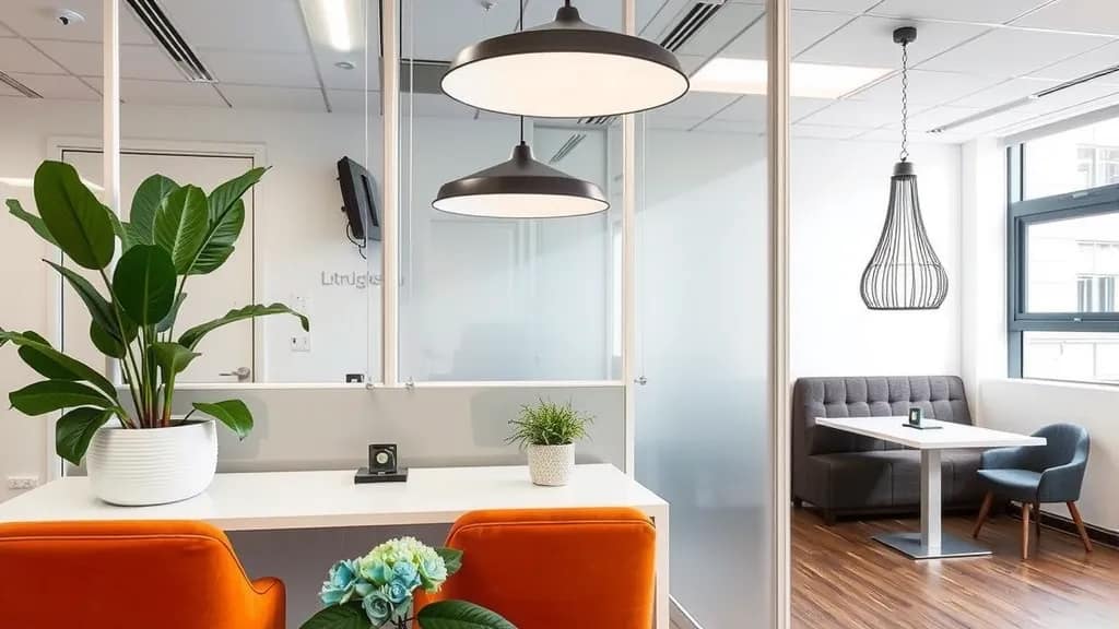 Modern office interior with plants, cozy seating, and bright lighting, representing Home Depot Price Match policy for saving money on home projects.