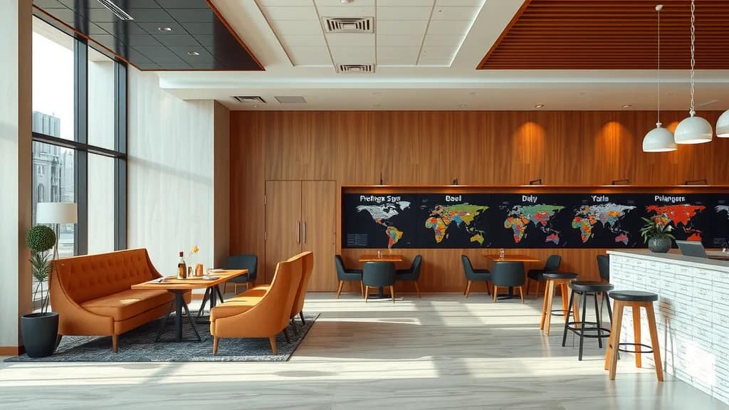 Home Depot Pro Xtra Exclusive Perks & Rewards for Professionals Modern lounge with orange sofas, wooden wall design, and world map mural, symbolizing Home Depot Pro Xtra benefits for contractors and business owners.