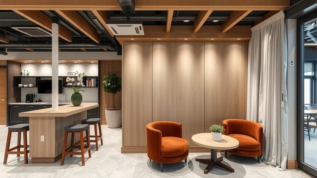 Home Depot Protection Plan & Warranties modern dining and living room with elegant wooden furniture, cozy seating, wall art, indoor plants, and natural window lighting.