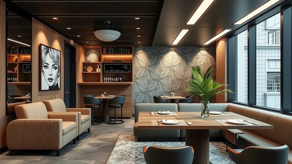 Home Depot Rebates – Modern Dining and Living Room Interior Design with Elegant Seating Home Depot Rebates modern living and dining room with wooden furniture, cozy seating, indoor plants, stylish wall art, and large window lighting.