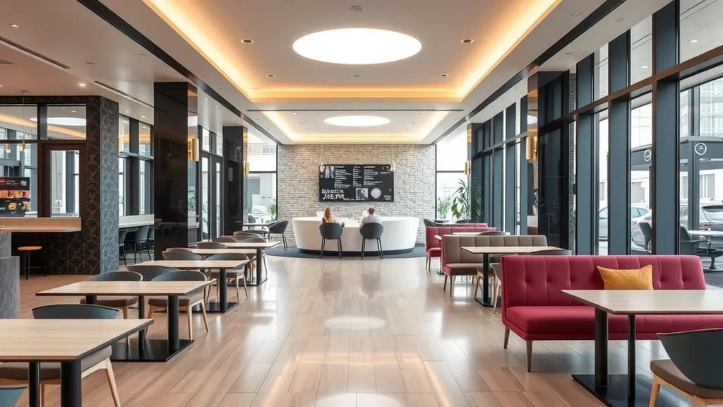 Home Depot Workshops for Kids & Adults modern lounge with open seating, wooden tables, red sofas, large windows, cozy lighting, and a welcoming learning environment.