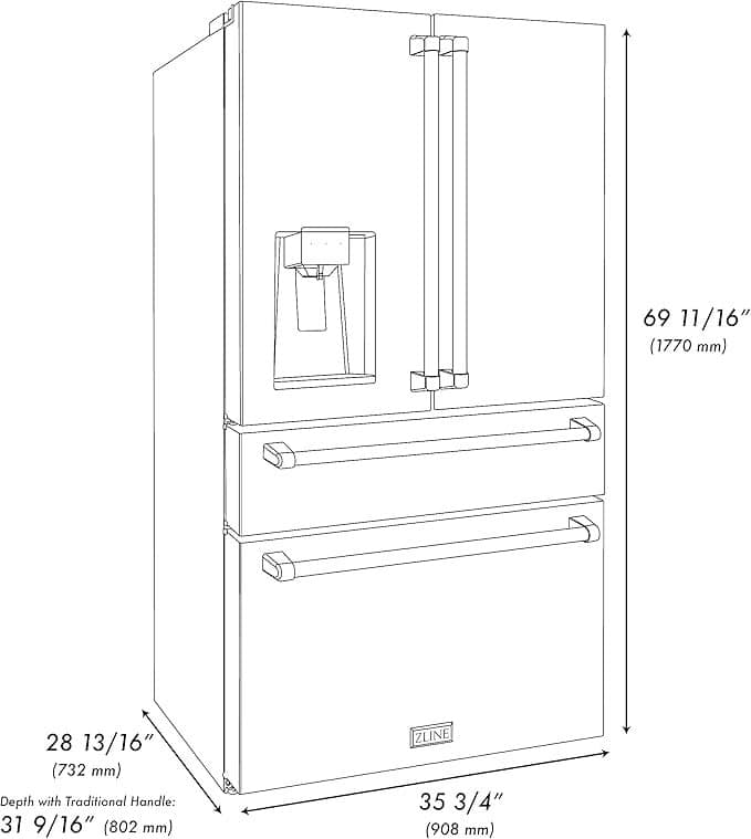 Technical dimension sketch of the LRF LC2706S counter depth refrigerator model