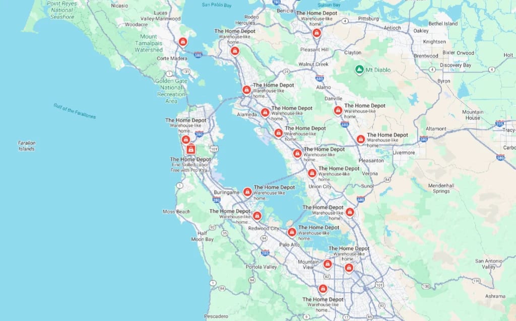 Map showing Home Depot stores across Northern California including San Francisco and Sacramento