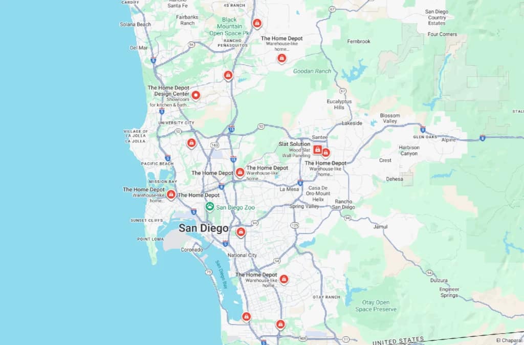 Map of Home Depot stores located around San Diego and coastal California