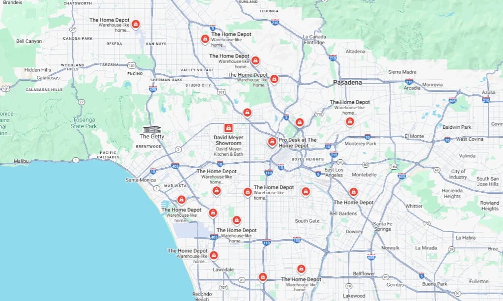 Map showing Home Depot locations near Los Angeles, Anaheim, and Riverside